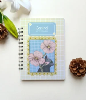 agenda control veterinario gato negro con flores y cuadros amarillos